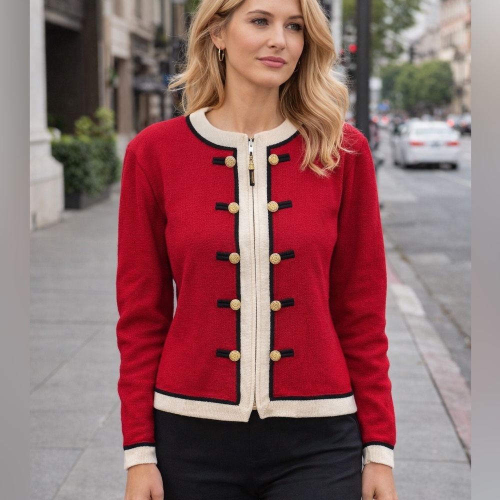 St. John Collection | Red Knit Jacket Cardigan Gold Button Trim Classic Luxury